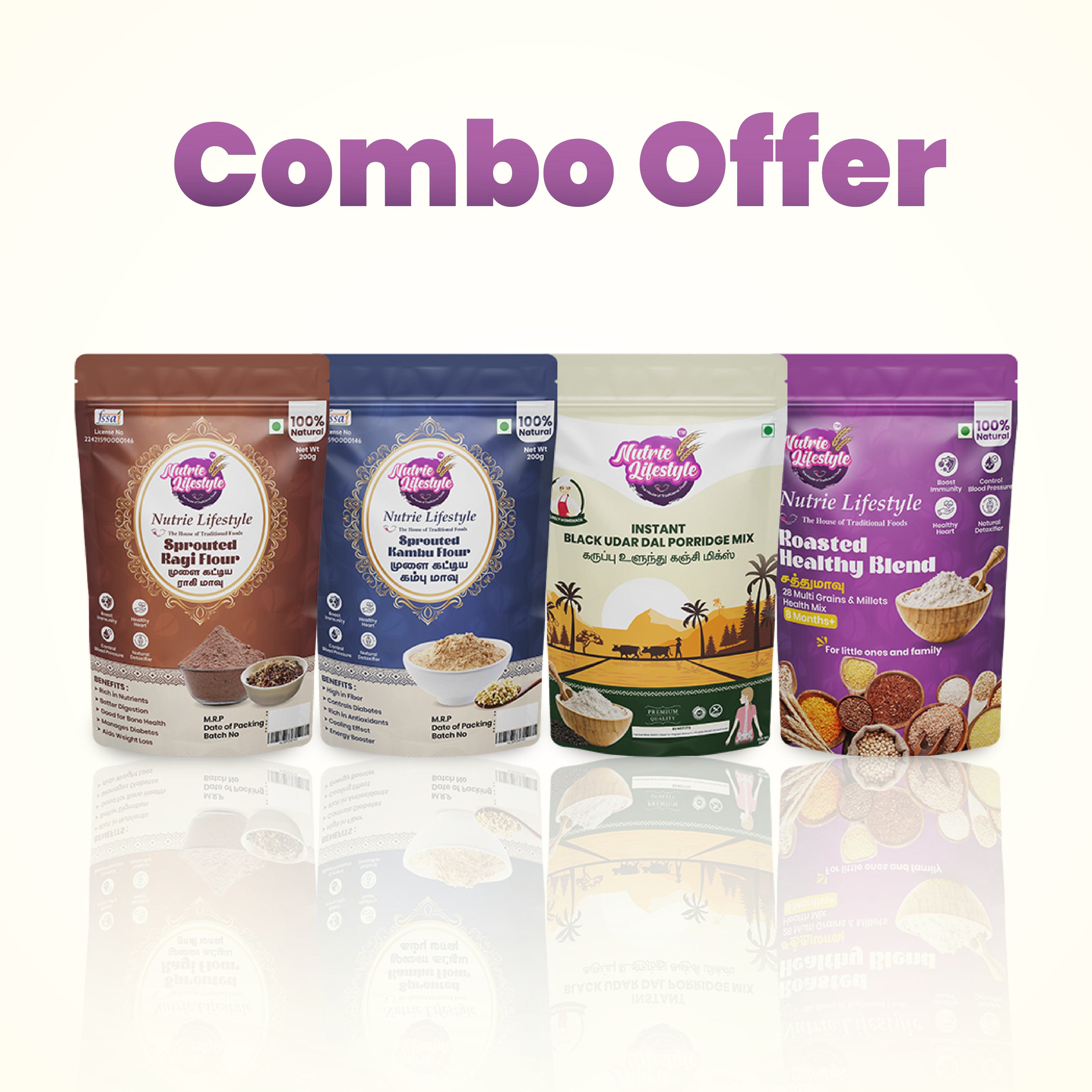 Sprouted & Instant Mix Combo – Ragi, Kambu, Udar Dal & Healthy Blend 250grams each