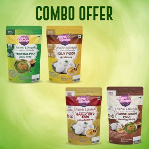 Traditional Podi Combo – Idly Podi (100g) + Garlic Idly Podi (100g) + Horse Gram Podi (100g) + Toor Dal Podi (100g)